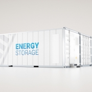 hi-capacity battery energy storage facility made of industrial shipping containers. 3d rendering.